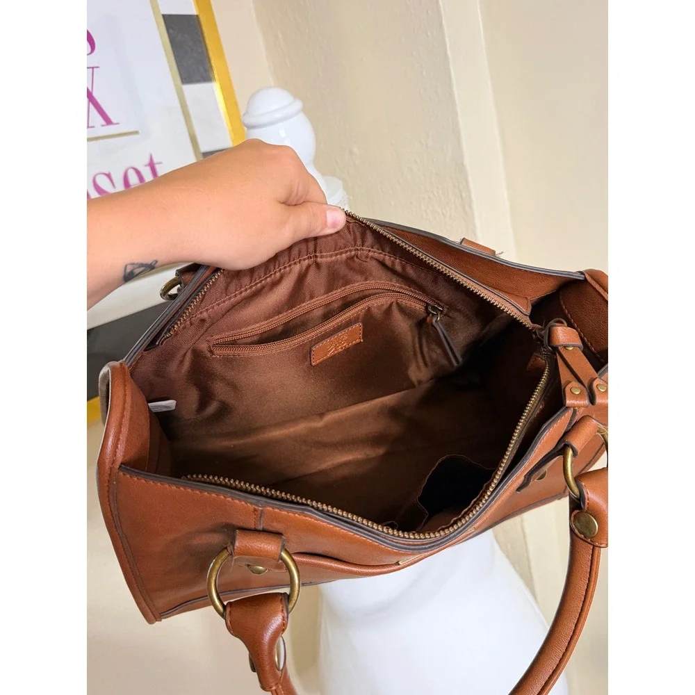Frye and Co Womens Cognac Brown Faux Leather Satchel Handbag Tote Brass Hardware